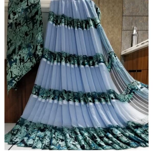 Women’s Satin Patta Printed Saree With Unstitched Blouse (Blue)