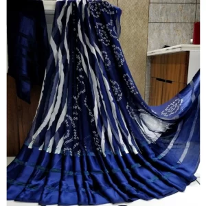 Women’s Satin Patta Printed Saree With Unstitched Blouse (Blue)