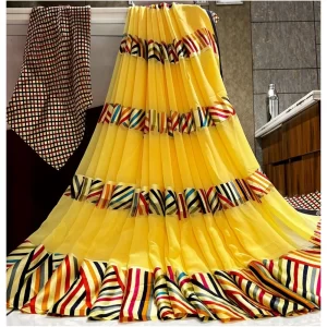 Women’s Satin Patta Printed Saree With Unstitched Blouse (Yellow)