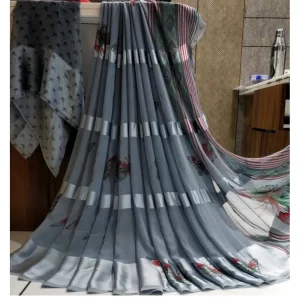 Women’s Satin Patta Printed Saree With Unstitched Blouse (Grey)