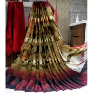 Women’s Satin Patta Printed Saree With Unstitched Blouse (Beige)