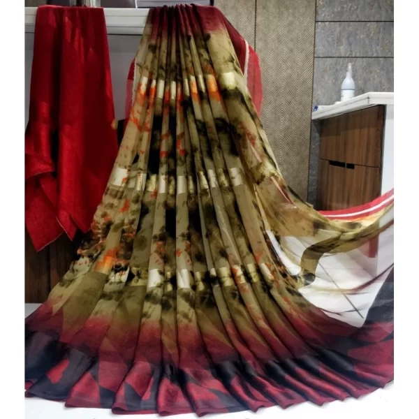 Women's Satin Patta Printed Saree With Unstitched Blouse (Beige)