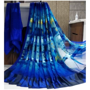 Women’s Satin Patta Printed Saree With Unstitched Blouse (Blue)