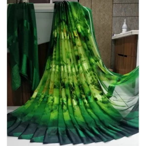 Women’s Satin Patta Printed Saree With Unstitched Blouse (Green)
