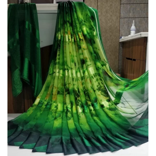 Women's Satin Patta Printed Saree With Unstitched Blouse (Green)