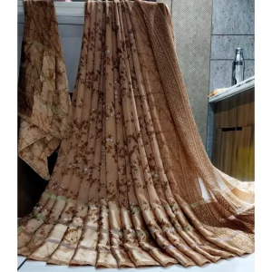 Women’s Satin Patta Printed Saree With Unstitched Blouse (Brown)