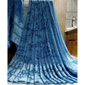 Women’s Satin Patta Printed Saree With Unstitched Blouse (Blue)