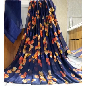 Women’s Satin Patta Printed Saree With Unstitched Blouse (Blue)