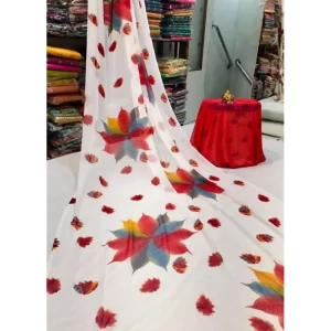 Women’s Georgette Printed Saree With Unstitched Blouse (Red)
