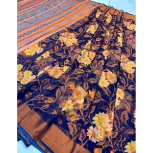 Women’s Viscose Rayon Printed Saree With Unstitched Blouse (Blue)
