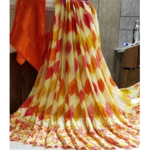 Women’s Satin Patta Printed Saree With Unstitched Blouse (Yellow)