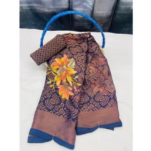 Women’s Viscose Rayon Printed Saree With Unstitched Blouse (Navy Blue)