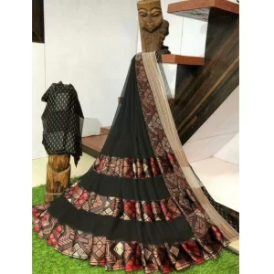 Women’s Satin Patta Printed Saree With Unstitched Blouse (Green)