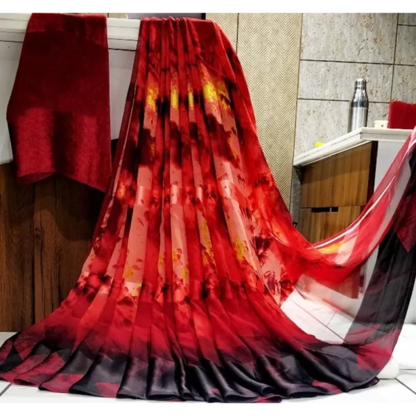 Women's Satin Patta Printed Saree With Unstitched Blouse (Red)