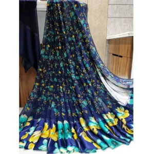Women’s Satin Patta Printed Saree With Unstitched Blouse (Blue)