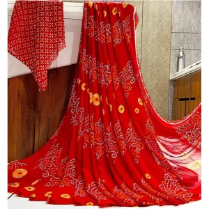 Women’s Georgette Printed Saree With Unstitched Blouse (Red)
