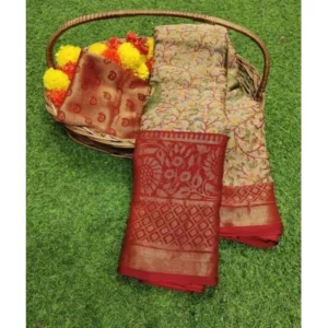 Women’s Viscose Rayon Printed Saree With Unstitched Blouse (Red)