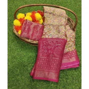 Women’s Viscose Rayon Printed Saree With Unstitched Blouse (Pink)