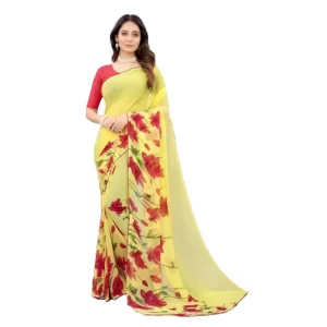 Women’s Georgette Printed Saree With Unstitched Blouse (Yellow)