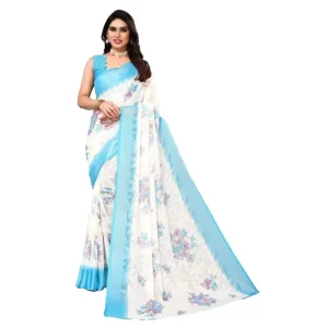 Women’s Viscose Rayon Printed Saree With Unstitched Blouse (Sky Blue)