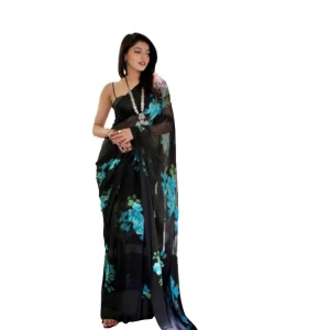 Women’s Satin Patta Printed Saree With Unstitched Blouse (Blue)