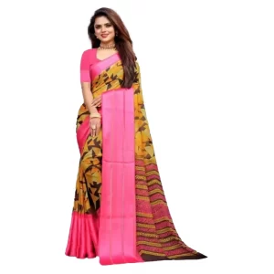 Women’s Satin Patta Printed Saree With Unstitched Blouse (Pink)