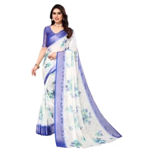 Women’s Viscose Rayon Printed Saree With Unstitched Blouse (Blue)