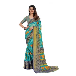 Women’s Viscose Rayon Printed Saree With Unstitched Blouse (Sky Blue)