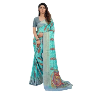 Women’s Viscose Rayon Printed Saree With Unstitched Blouse (Sky Blue)