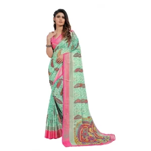 Women’s Viscose Rayon Printed Saree With Unstitched Blouse (Teal)
