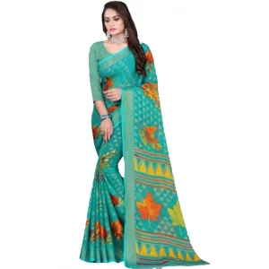 Women’s Viscose Rayon Printed Saree With Unstitched Blouse (Teal)