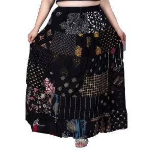 Generic Women’s Rayon Printed Elastic Skirt (Black, Free Size)