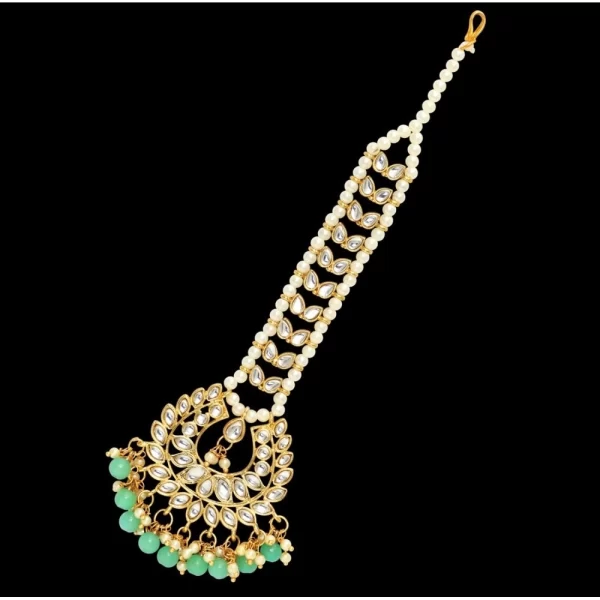 Women's Green Color Imitation Pearl & Kundan Maang Tikka