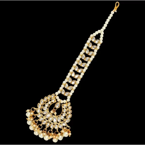 Women's White Color Imitation Pearl & Kundan Maang Tikka