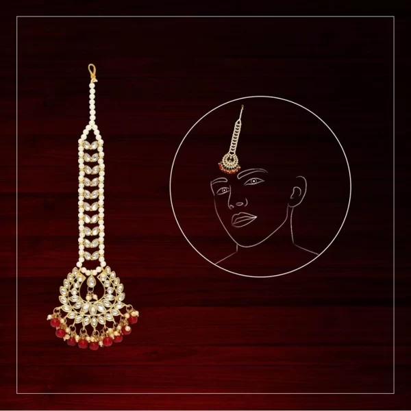 Generic Women's Red Color Imitation Pearl & Kundan Maang Tikka