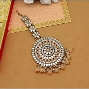 Women’s Peach Color Mirror Work Maang Tikka