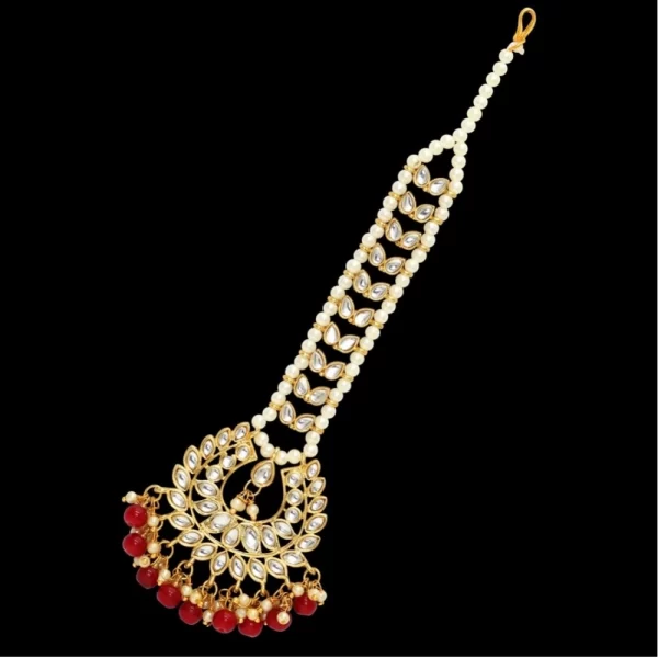 Women's Maroon Color Imitation Pearl & Kundan Maang Tikka