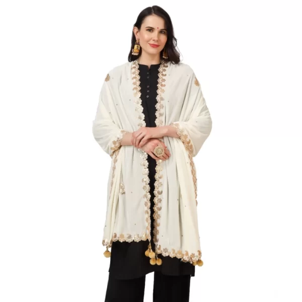 Generic Women's Velvet Gotta Patti Dupatta (Off White, Length: 2.25 to 2.50 Mtr)