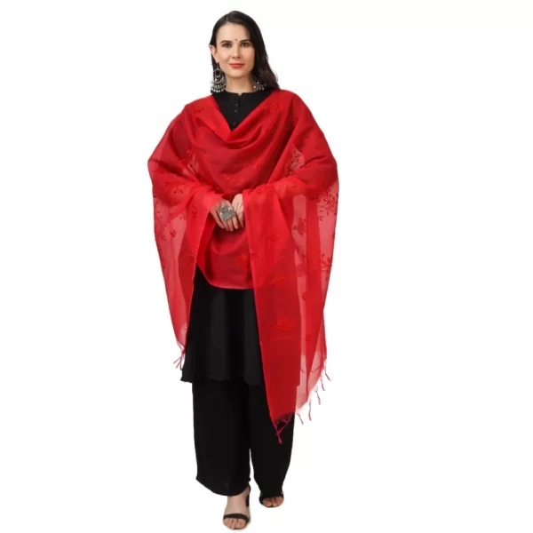 Women's Cotton Embroidered Dupatta (Red, Length: 2.25 to 2.50 Mtr)