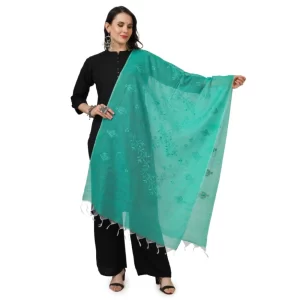 Generic Women’s Cotton Embroidered Dupatta (Turquoise, Length: 2.25 to 2.50 Mtr)
