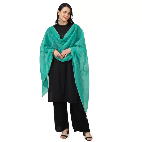 Women's Cotton Embroidered Dupatta (Turquoise, Length: 2.25 to 2.50 Mtr)
