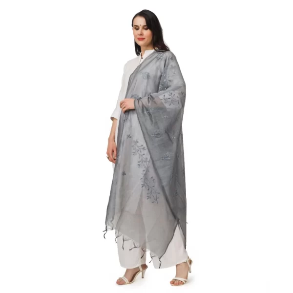 Women's Cotton Embroidered Dupatta (Grey, Length: 2.25 to 2.50 Mtr)