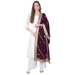 Generic Women’s Velvet Gotta Patti Dupatta (Wine, Length: 2.25 to 2.50 Mtr)