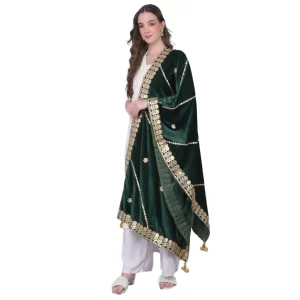 Generic Women’s Velvet Gotta Patti Dupatta (Green, Length: 2.25 to 2.50 Mtr)