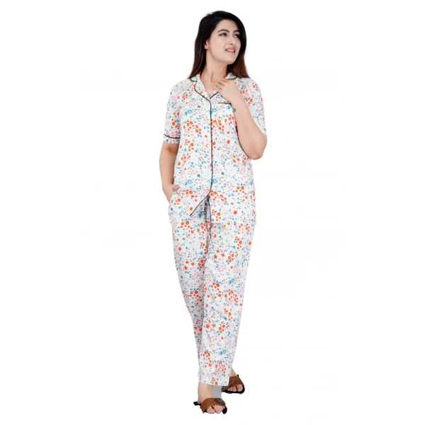 Women's Casual Half Sleeve Printed Viscose Rayon Shirt With Pyjama Pant Night Suit Set (White)