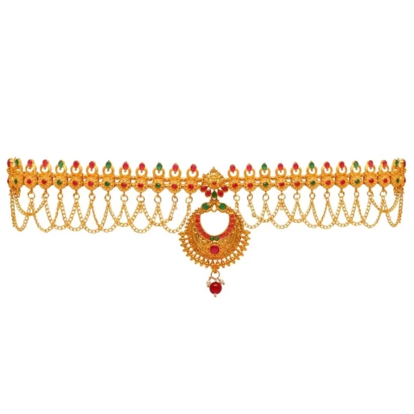 Generic Women's Maroon & Green Color Glass Stone Kamarband Adjustable Chain