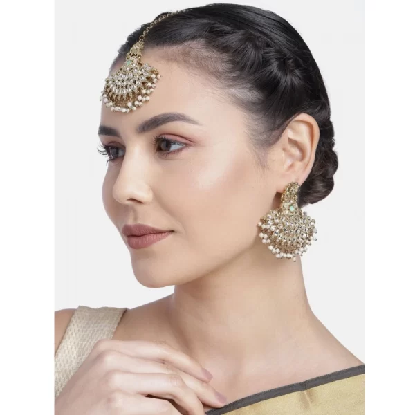 Generic Women's Rose Gold Plated Alloy Kundan Earrings & Mangtikka (White)