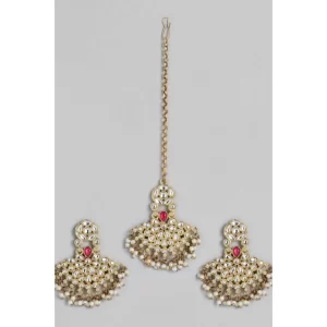 Generic Women’s Rose Gold Plated Alloy Kundan Earrings & Mangtikka (White)