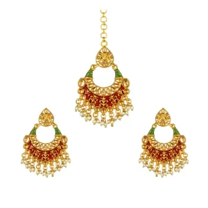 Generic Women’s Rose Gold Plated Alloy Kundan Earrings & Mangtikka (Red & Green)