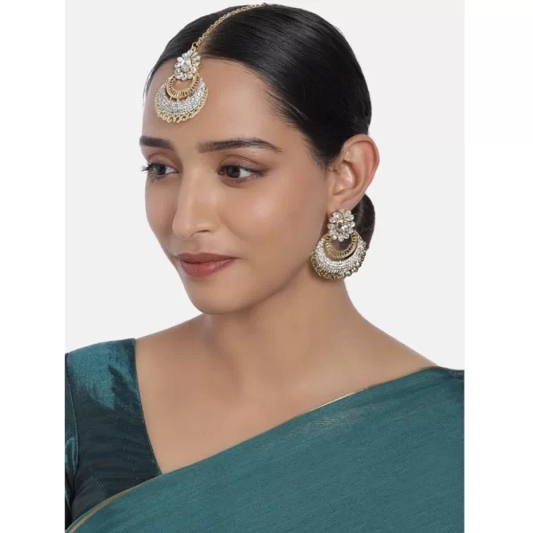 Generic Women's Rose Gold Plated Alloy Kundan Earrings & Mangtikka (White)